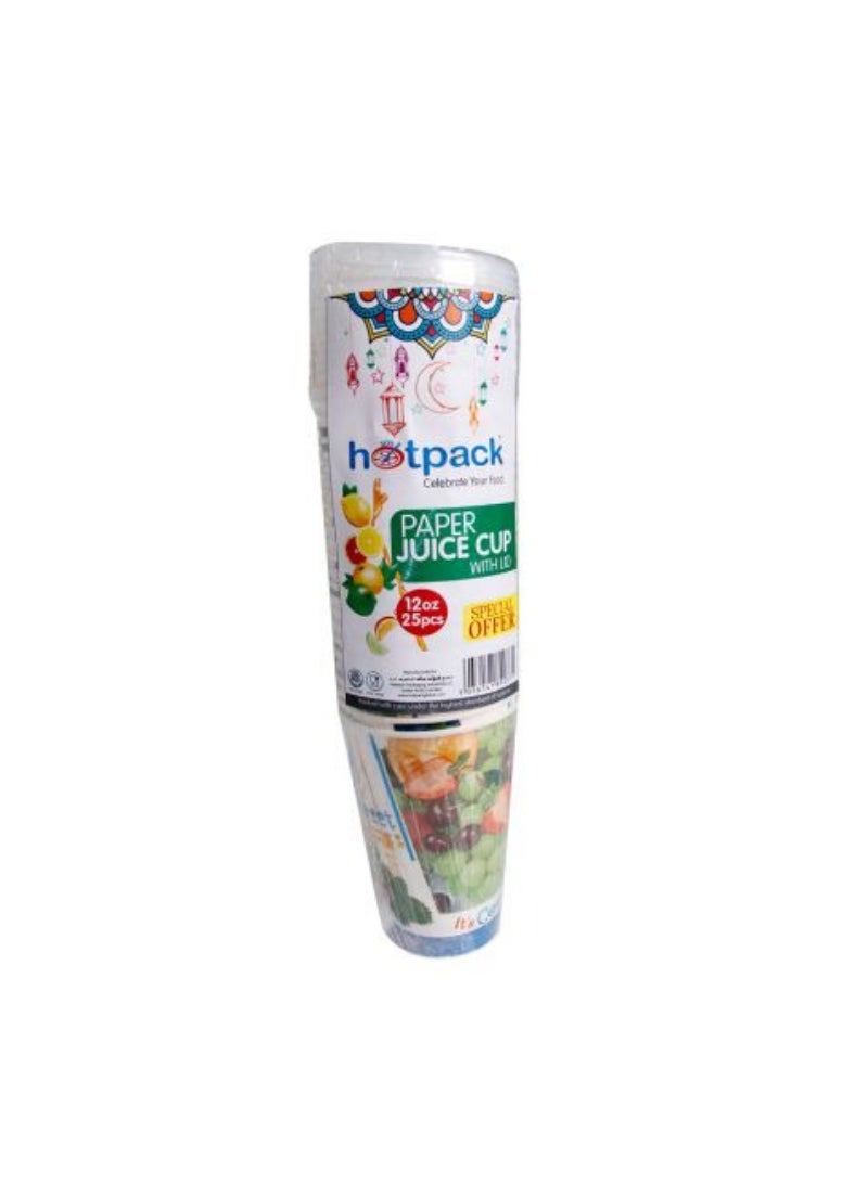 Hotpack-Paper Juice Cup 12-Oz +Lid 25Pcs