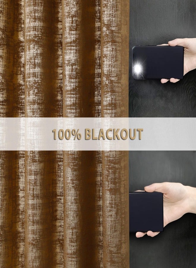 always4u 100% Blackout Soft Velvet Curtains for Bedroom Living Room Thermal Energy Saving 108 Inches Long Luxury Gold Foil Print Drapes 2 Panels Caramel - Image 5