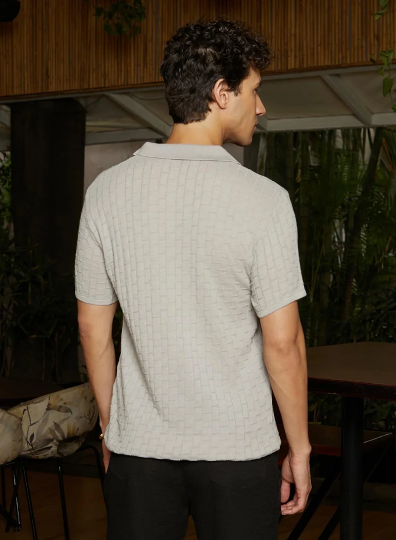 Campus Sutra Men's Cloud Grey Brick-Textured Polo T-Shirt