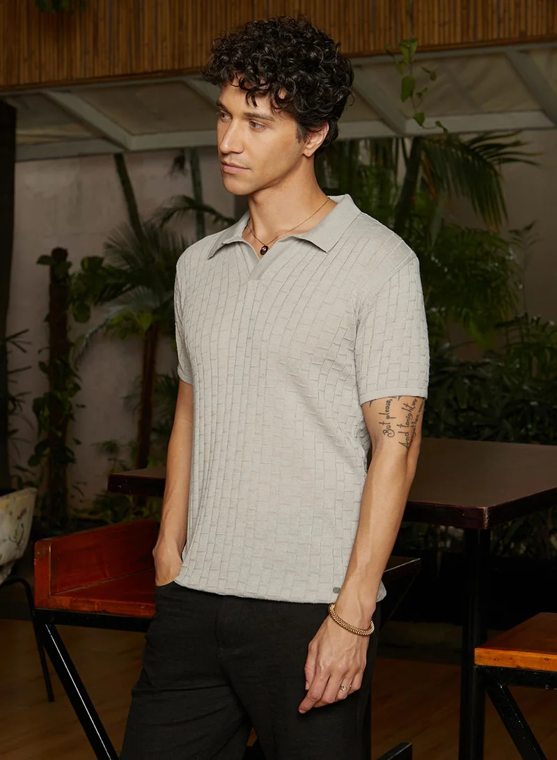 Campus Sutra Men's Cloud Grey Brick-Textured Polo T-Shirt