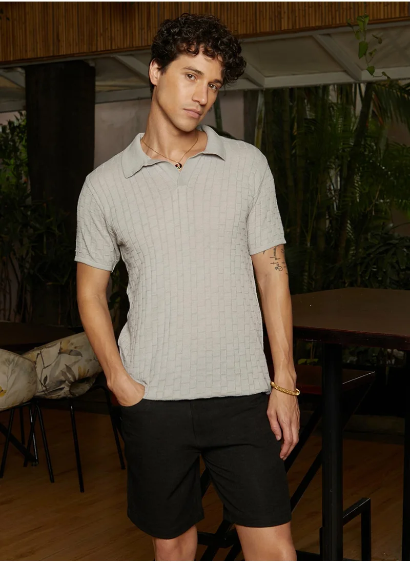 Campus Sutra Men's Cloud Grey Brick-Textured Polo T-Shirt