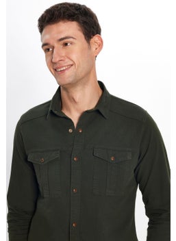 Tudors Men's Slim Fit Slim Fit Long Sleeve Denim Washed Double Pocket Khaki Sport Collar Shirt  - Image 1