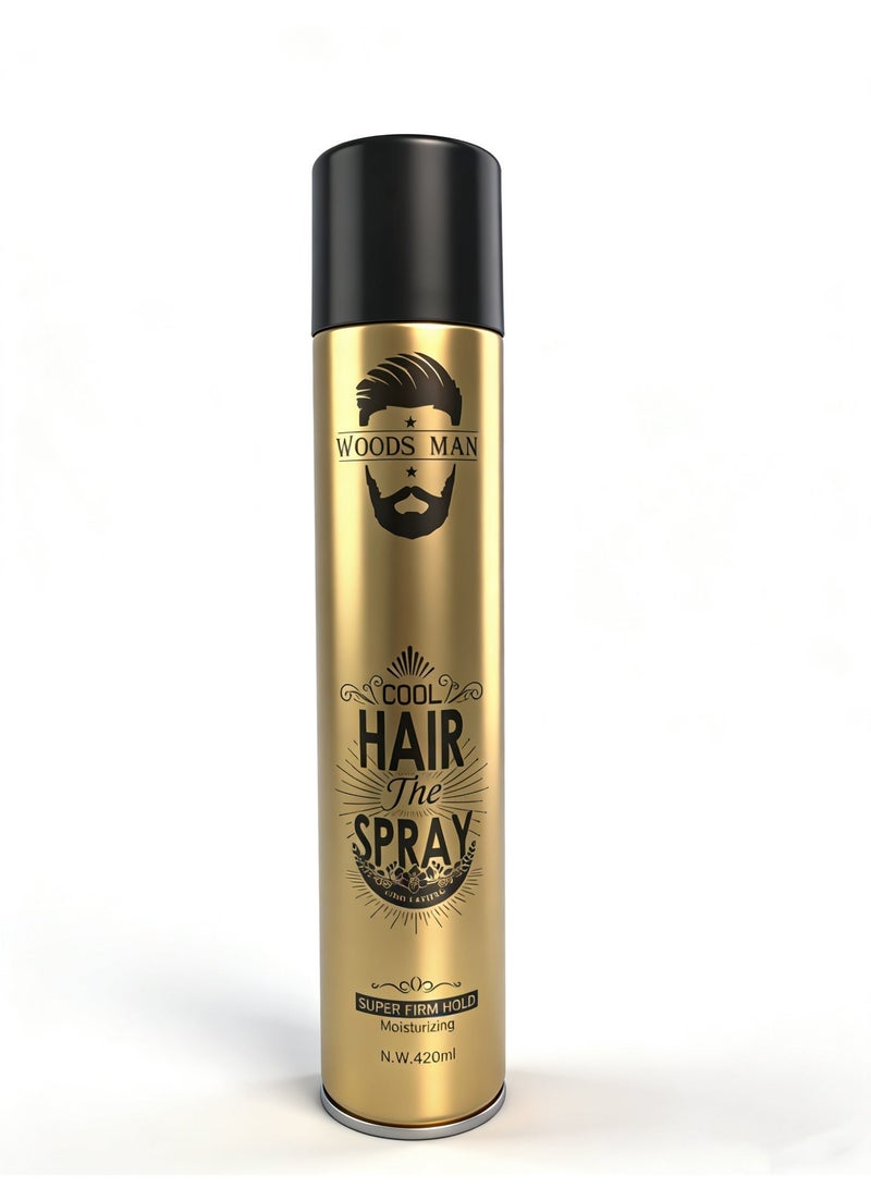 وودز مان WOODS MAN Cool Hair Spray - Super Firm Hold، تركيبة مرطبة، 420 مل | تصفيف طويل الأمد للرجال | جميع أنواع الشعر - Image 1