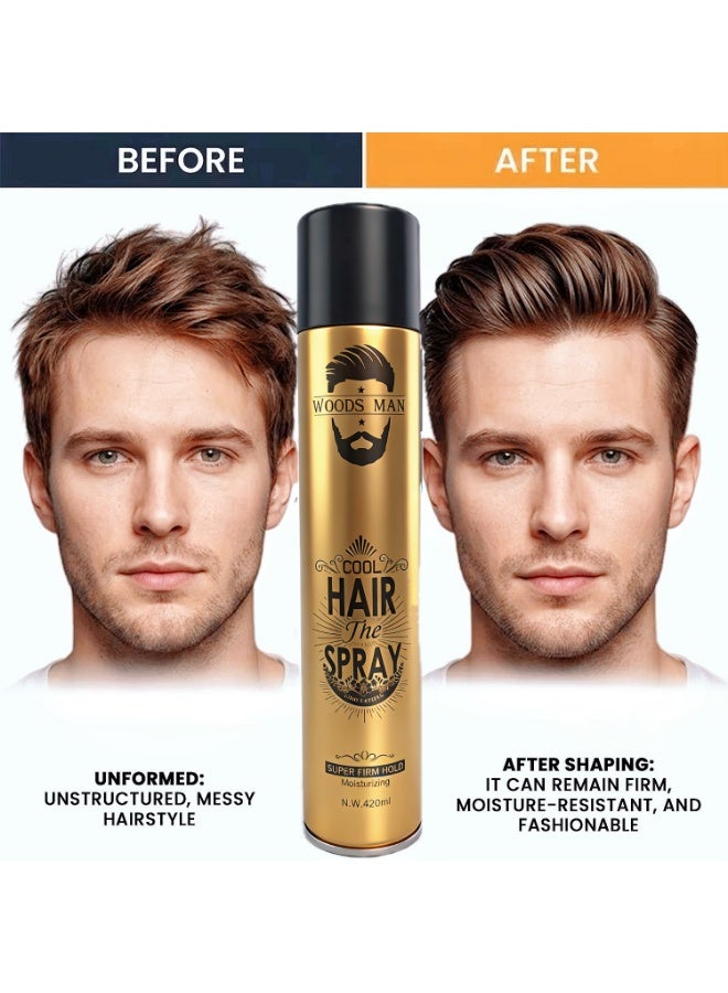 وودز مان WOODS MAN Cool Hair Spray - Super Firm Hold، تركيبة مرطبة، 420 مل | تصفيف طويل الأمد للرجال | جميع أنواع الشعر - Image 3