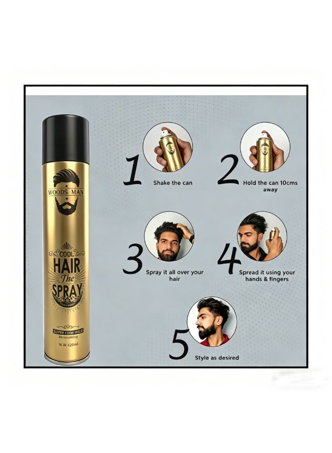 وودز مان WOODS MAN Cool Hair Spray - Super Firm Hold، تركيبة مرطبة، 420 مل | تصفيف طويل الأمد للرجال | جميع أنواع الشعر - Image 4