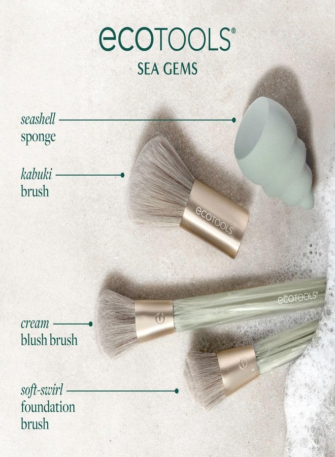 EcoTools Sea Gems Face Makeup Brush & Sponge 4 Piece Set, Eco-Friendly Makeup Brushes & Makeup Sponge, For Foundation, Blush, Contour, & Setting Powder, Recycled Plastic, Cruelty-Free Tools - Image 3