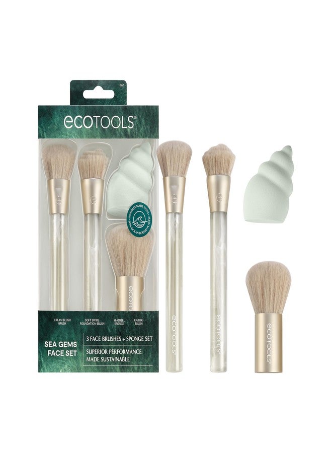 EcoTools Sea Gems Face Makeup Brush & Sponge 4 Piece Set, Eco-Friendly Makeup Brushes & Makeup Sponge, For Foundation, Blush, Contour, & Setting Powder, Recycled Plastic, Cruelty-Free Tools - Image 1