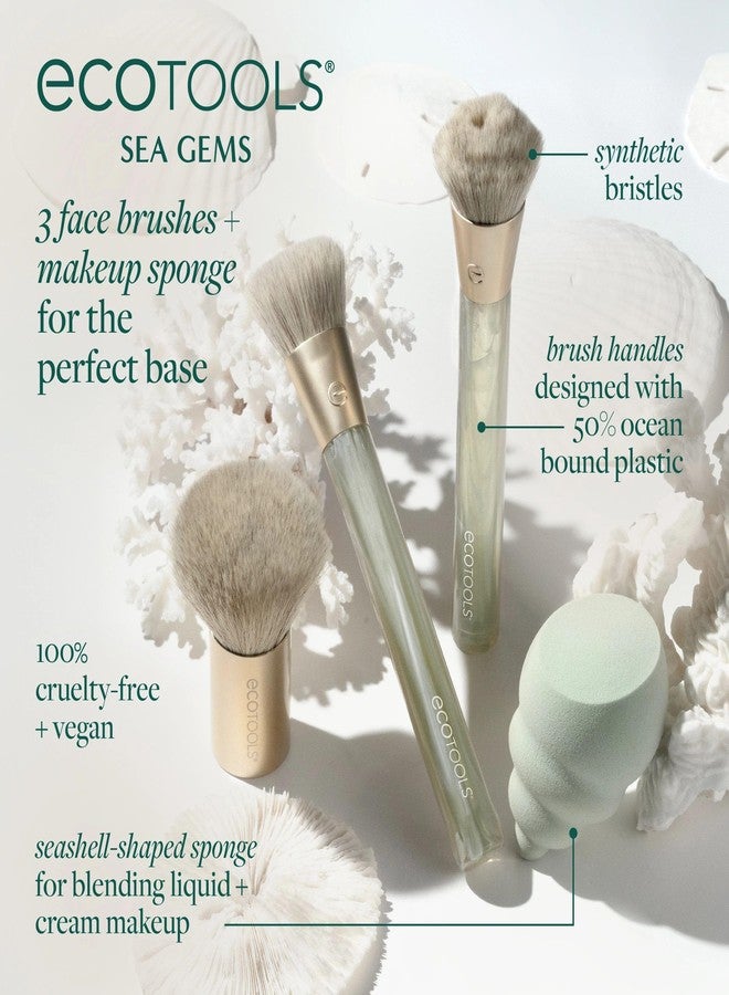 EcoTools Sea Gems Face Makeup Brush & Sponge 4 Piece Set, Eco-Friendly Makeup Brushes & Makeup Sponge, For Foundation, Blush, Contour, & Setting Powder, Recycled Plastic, Cruelty-Free Tools - Image 2