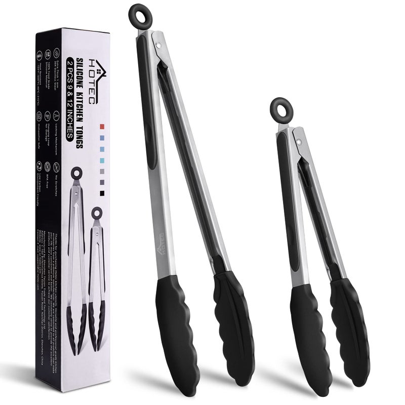 HOTEC Premium Stainless Steel Locking Kitchen Tongs with Silicon Tips, Set of 2-9" and 12" - Image 1