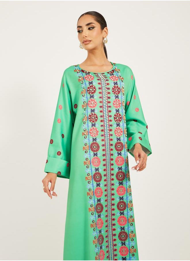 Styli - panel embroidery jalabiya with border at hem - Image 1