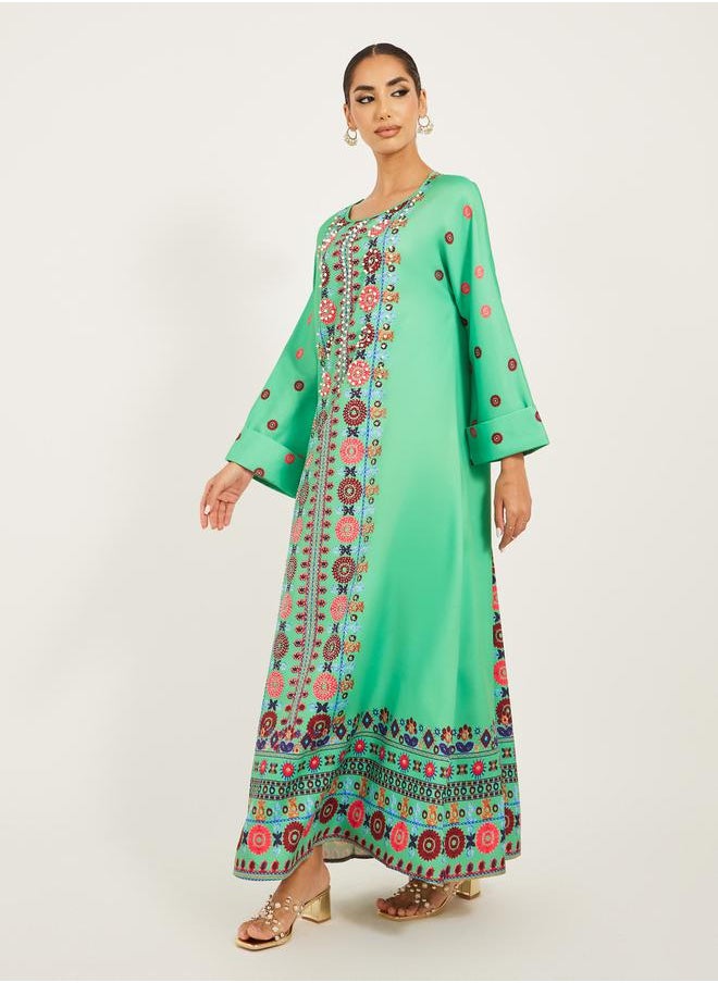 Styli - panel embroidery jalabiya with border at hem - Image 1