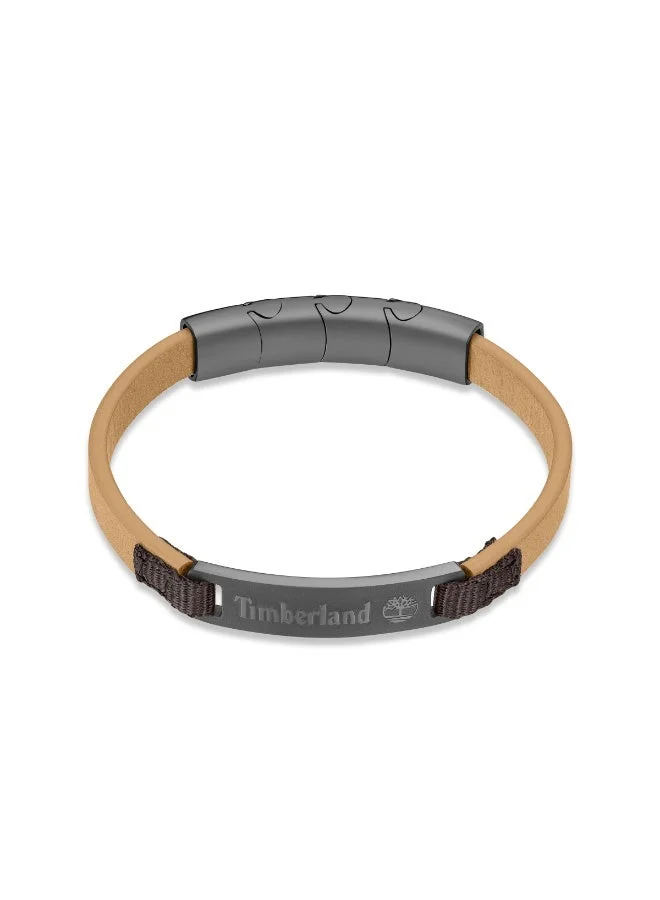Timberland Quechee Grey Stainless Steel and Tan Brown Leather Bracelet for Men 180mm