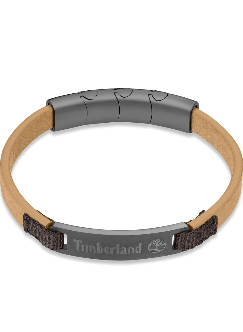 Timberland Quechee Grey Stainless Steel and Tan Brown Leather Bracelet for Men 180mm