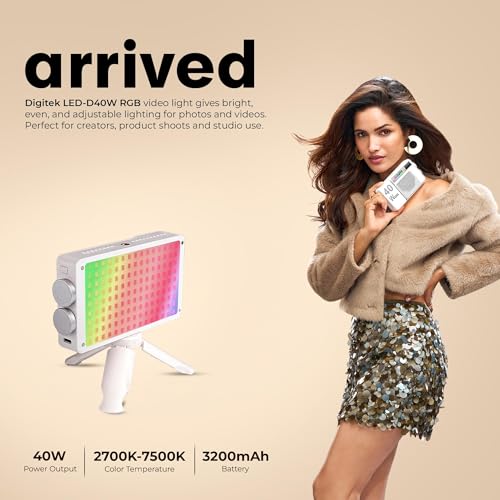 Digitek LED-D40W RGB LED Video Light with 174 LEDs, 2700K–7500K Temperature, 1–100% Luminance, 13 Creative Modes, Inbuilt 3200mAh Battery, Type-C Charging, Mini Tripod & Diffuser - Image 2