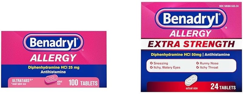 Benadryl أقراص بنادريل لتخفيف الحساسية 100 حبة  مضاد الهيستامين بقوة إضافية 50 ملغ ديفينهيدرامين 24 حبة - Image 1