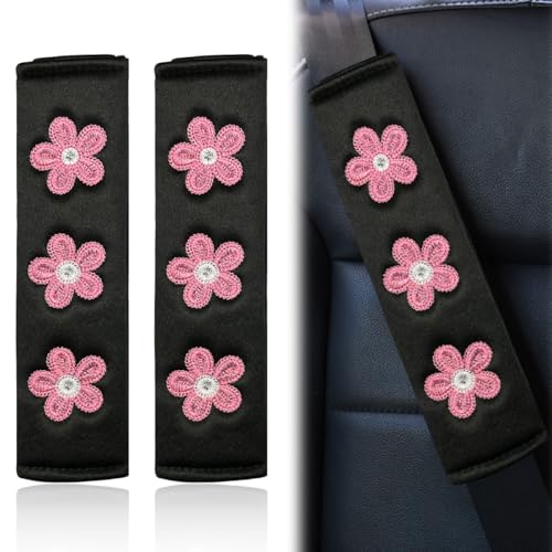 KPFILEH 2PCS Daisy Flower Car Seat Belt Cover Pads Soft Breathable Auto Seat Shoulder Strap Pad Comfortable Seatbelt Cushion Protect Neck Vehicle Interior Decoration for Cars TrucksDeepPink - Image 1