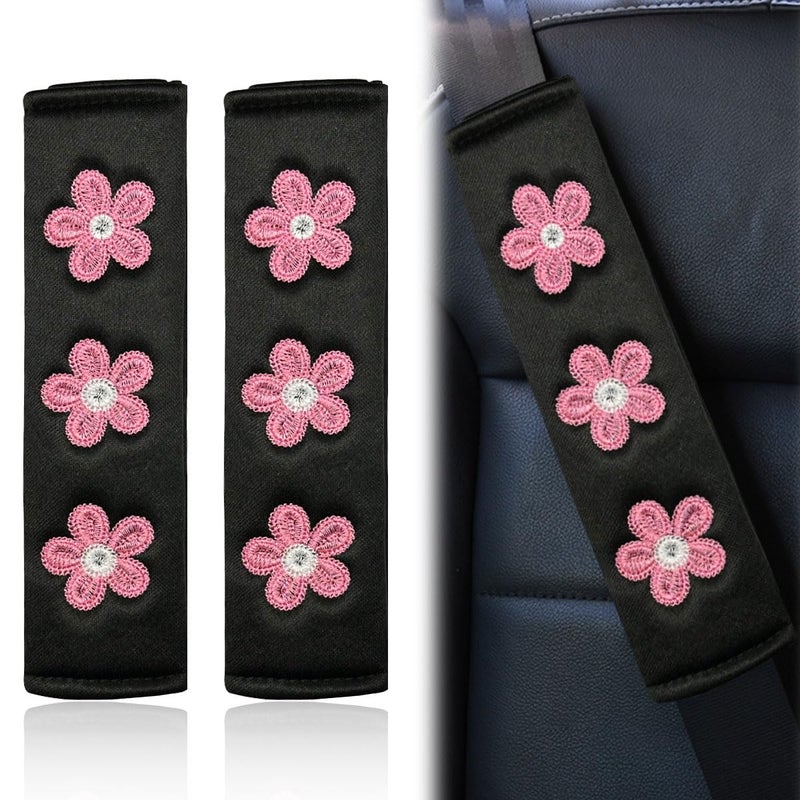 KPFILEH 2PCS Daisy Flower Car Seat Belt Cover Pads Soft Breathable Auto Seat Shoulder Strap Pad Comfortable Seatbelt Cushion Protect Neck Vehicle Interior Decoration for Cars TrucksDeepPink - Image 3
