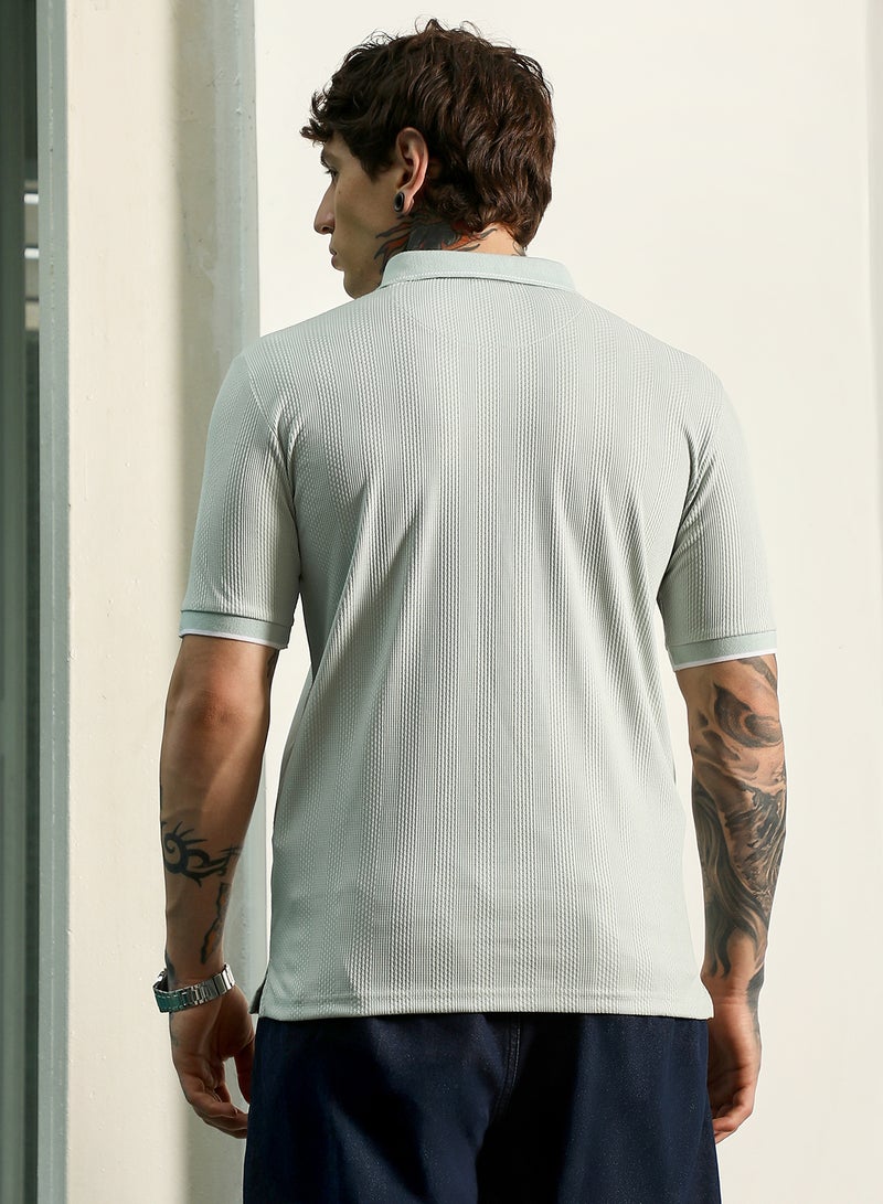 Campus Sutra Men's Light Green Textured Polo T-Shirt - Slim Fit, Breathable Poly-Spandex Blend  - Image 5