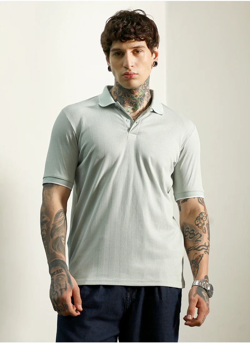 كامبوس سوترا Men's Light Green Textured Polo T-Shirt - Slim Fit, Breathable Poly-Spandex Blend