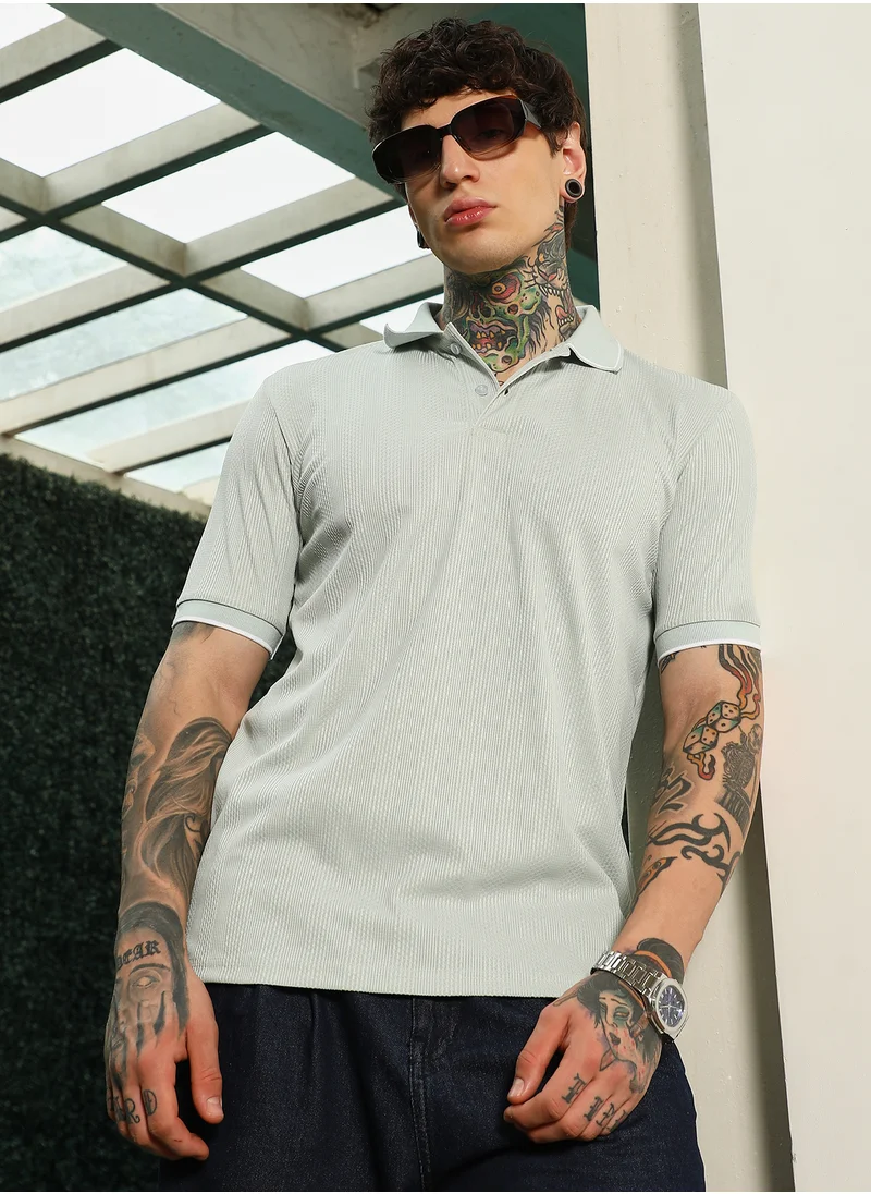 كامبوس سوترا Men's Light Green Textured Polo T-Shirt - Slim Fit, Breathable Poly-Spandex Blend