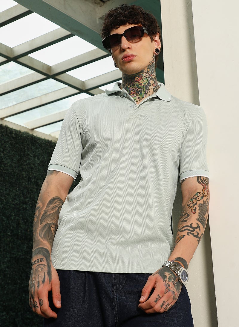 Campus Sutra Men's Light Green Textured Polo T-Shirt - Slim Fit, Breathable Poly-Spandex Blend  - Image 1