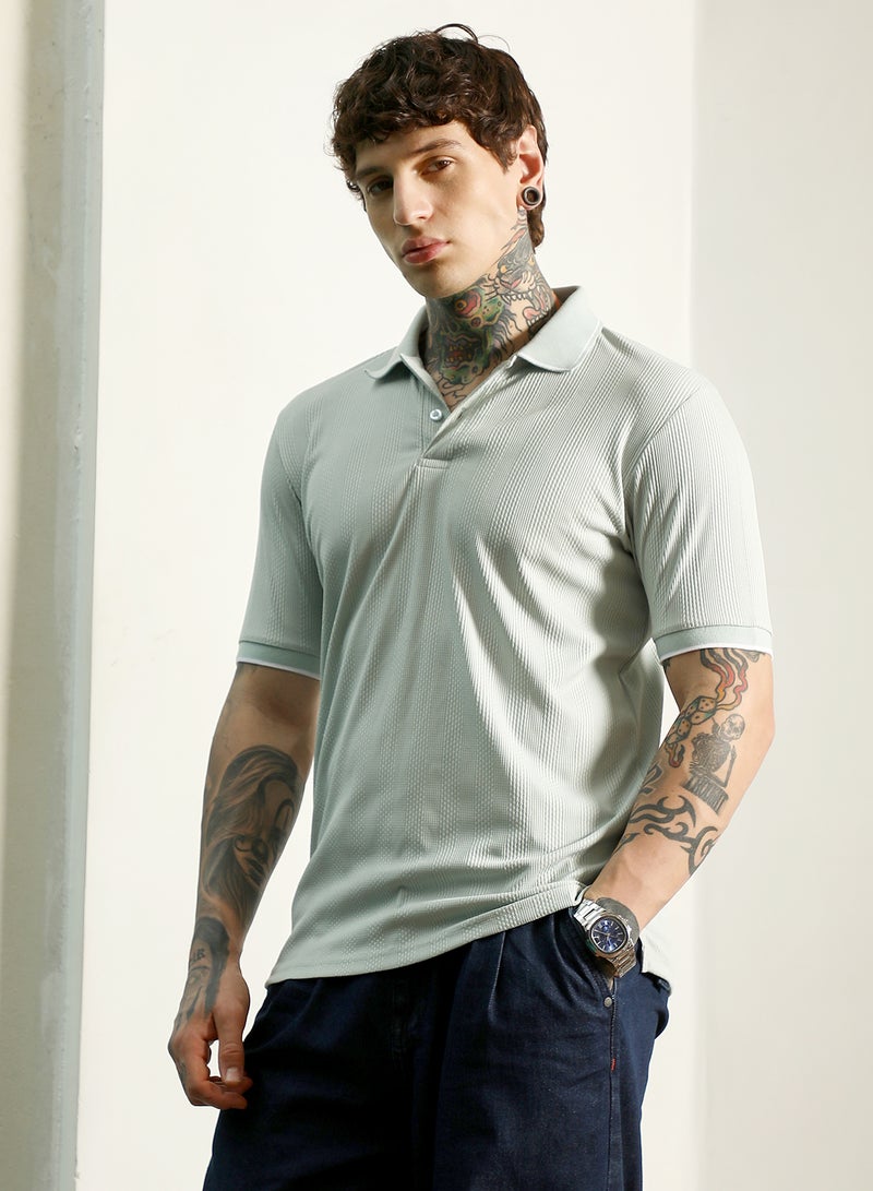Campus Sutra Men's Light Green Textured Polo T-Shirt - Slim Fit, Breathable Poly-Spandex Blend  - Image 3