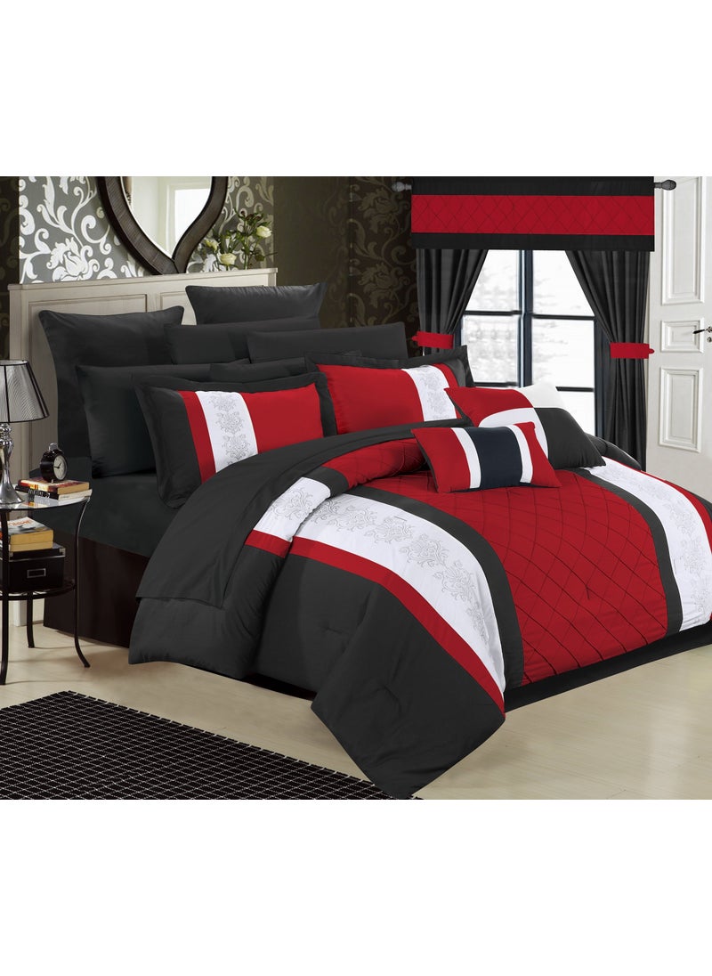 Chic Home Chic Home Red Bed in a Bag Comforter Set King Size 24 Pieces Danielle  Pintuck Embroidery Colorblock Bedding  Comforter Sheets Shams Bed Skirt Pillowcases Valances Curtain Ties  Pillows 