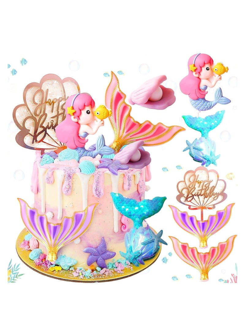 KASTWAVE Mermaid Cake Topper, 6 Pcs Under the Sea Cake Decoration Seashell Cake Topper Mermaid Tail Cake Topper Mermaid Party Supplies Sea Star Cake Toppers  - Image 1