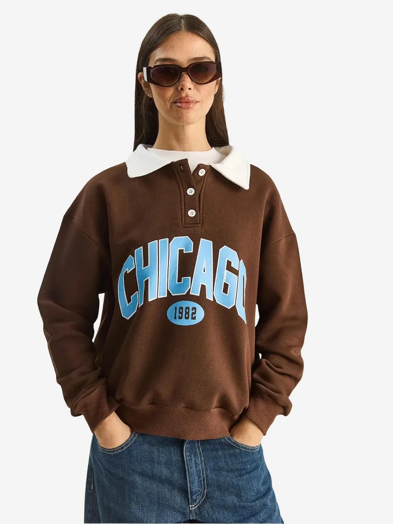 Bianco Lucci Dark Mocha Brown LUCCI Oversized Printed Sweatshirt for Women | Best Price UAE