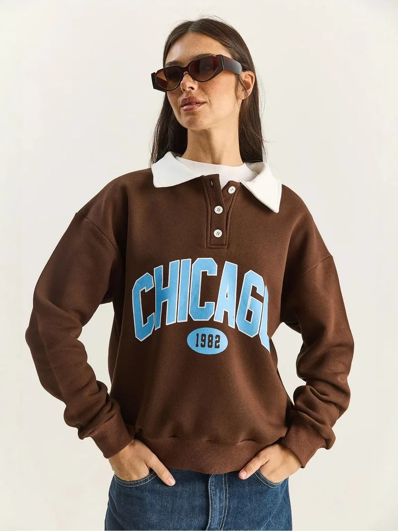 Bianco Lucci Dark Mocha Brown LUCCI Oversized Printed Sweatshirt for Women | Best Price UAE