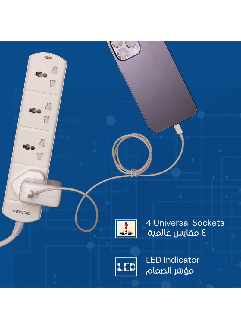 DOMEA Multi-Way Power Extension Strip, 4 Outlet, Universal Socket Design, 3-Meter Cable - Surge Protected, Charging Station for Home, Office, Kitchen, Apartment - White-AX136 - Image 2