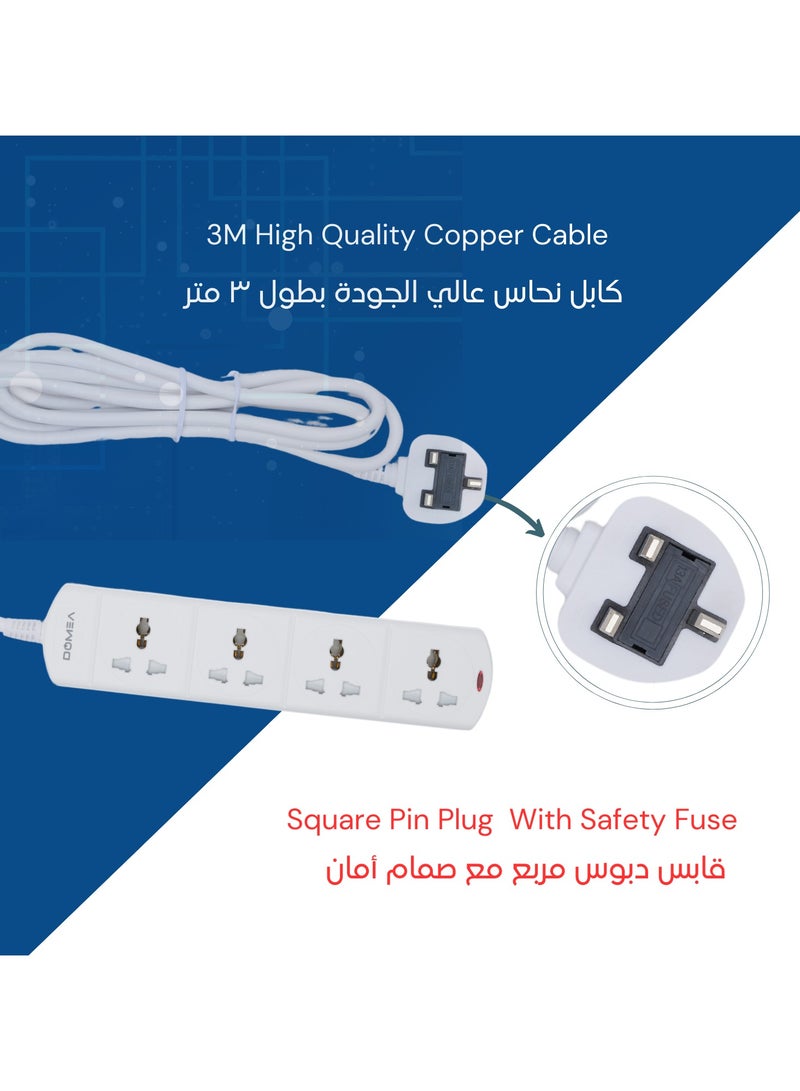 DOMEA Multi-Way Power Extension Strip, 4 Outlet, Universal Socket Design, 3-Meter Cable - Surge Protected, Charging Station for Home, Office, Kitchen, Apartment - White-AX136 - Image 3