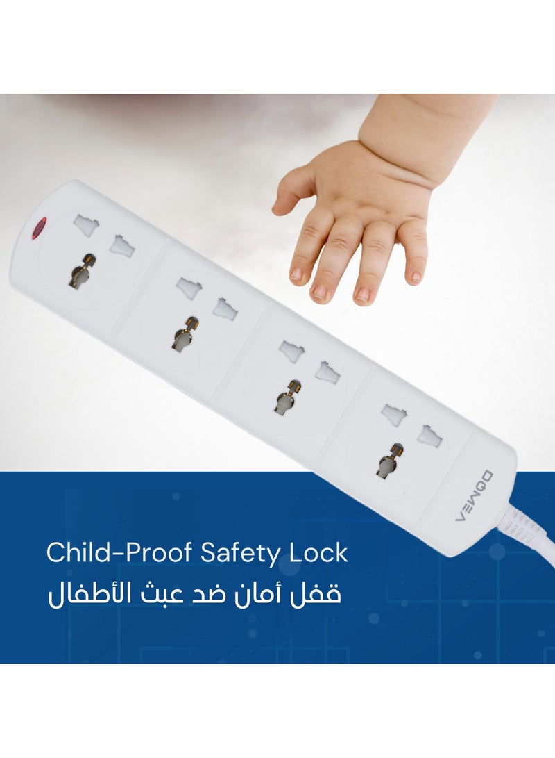 DOMEA Multi-Way Power Extension Strip, 4 Outlet, Universal Socket Design, 3-Meter Cable - Surge Protected, Charging Station for Home, Office, Kitchen, Apartment - White-AX136 - Image 4