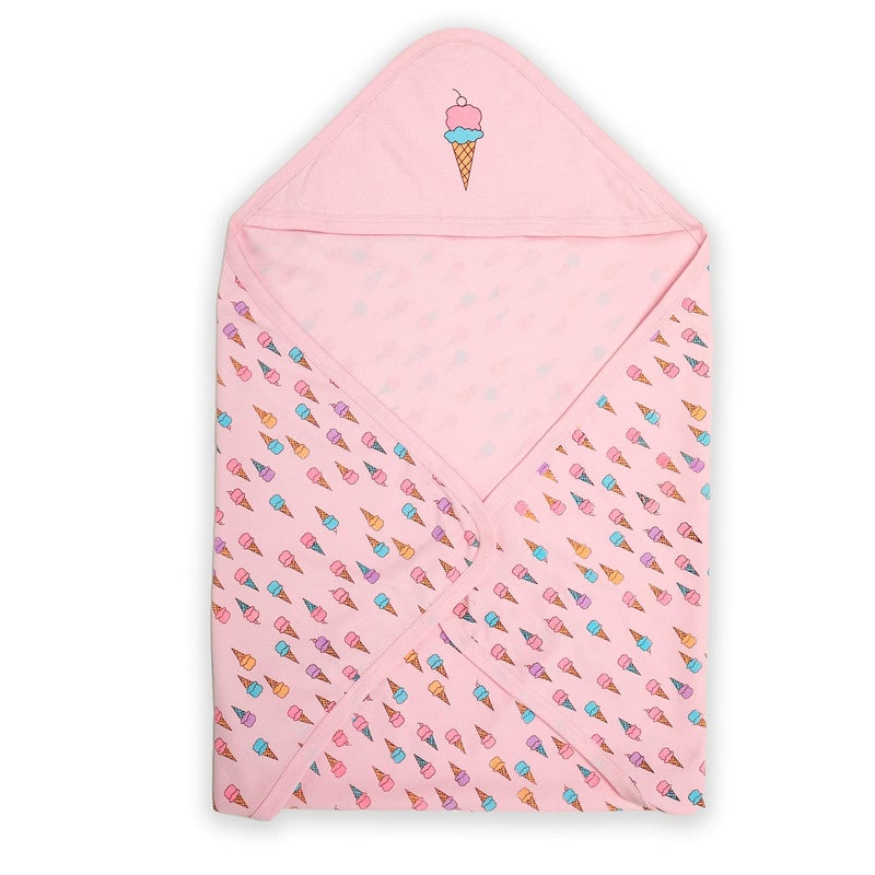 Luvlap Cotton Hooded Wrapper-Baby Towel for New Born | Big Size 75cm x 75cm | Soft, Safe &Skin-Friendly | Perfect for Newborns 0-12 Months | Lightweight & Travel Friendly, Ice Cream Print-Pink - Image 1