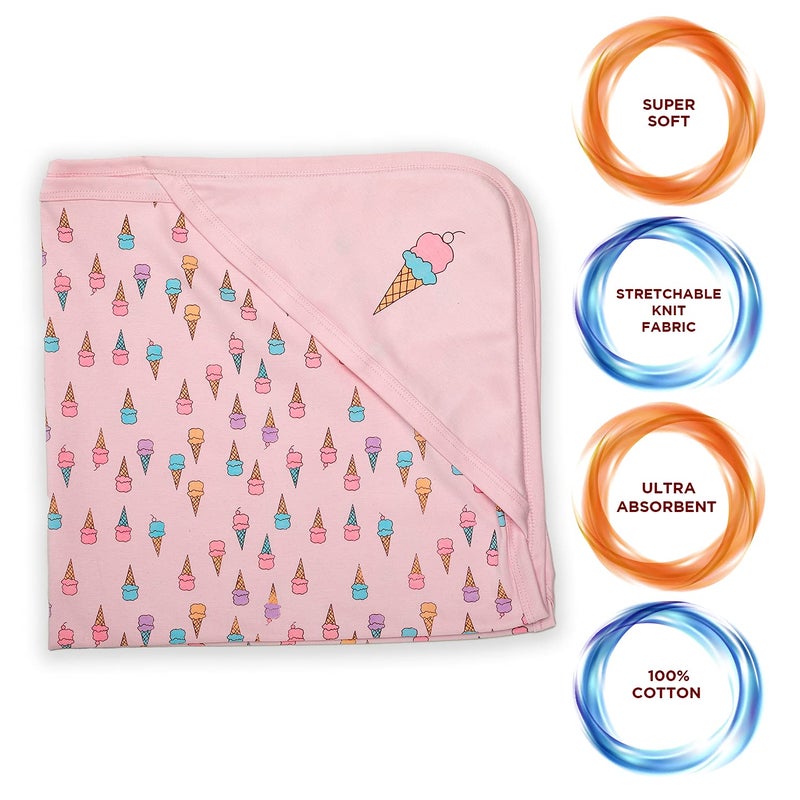 Luvlap Cotton Hooded Wrapper-Baby Towel for New Born | Big Size 75cm x 75cm | Soft, Safe &Skin-Friendly | Perfect for Newborns 0-12 Months | Lightweight & Travel Friendly, Ice Cream Print-Pink - Image 2