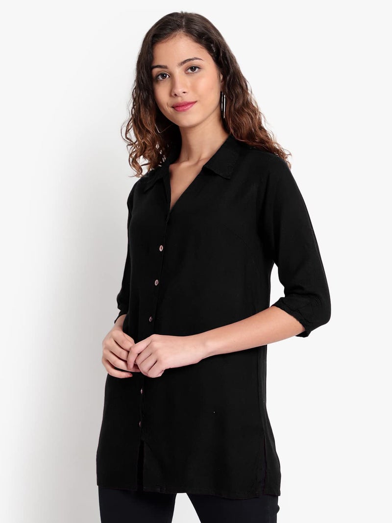 Indietoga Women's Plus Size Casual Rayon Longline Shirt Tops (10001373_Black Solid_2XL) - Image 5