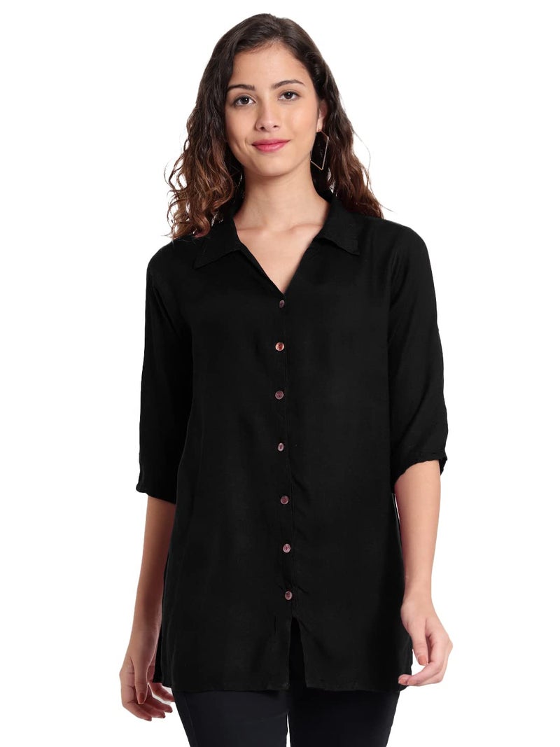 Indietoga Women's Plus Size Casual Rayon Longline Shirt Tops (10001373_Black Solid_2XL) - Image 1