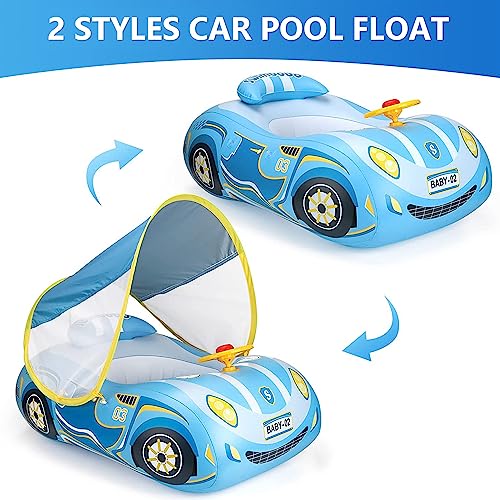 BOffer Baby Pool Float with Canopy, PVC Baby Swim Float with Sun Shade Cover, 3D Car Toddler Pool Float Swimming Floats Seat Boat for 12-18, 12-24 Months, Age 2-3, 3+ Years (Blue Canopy) - Image 5