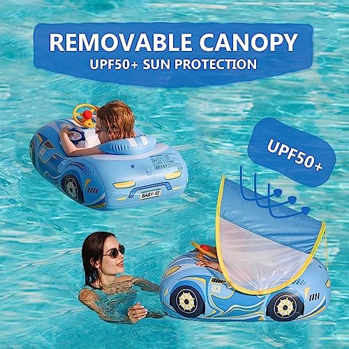 BOffer Baby Pool Float with Canopy, PVC Baby Swim Float with Sun Shade Cover, 3D Car Toddler Pool Float Swimming Floats Seat Boat for 12-18, 12-24 Months, Age 2-3, 3+ Years (Blue Canopy) - Image 4