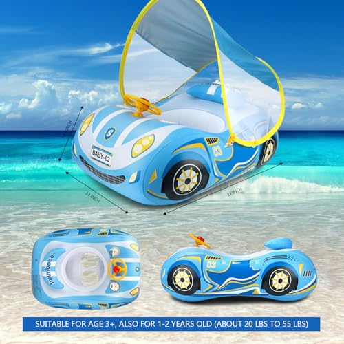 BOffer Baby Pool Float with Canopy, PVC Baby Swim Float with Sun Shade Cover, 3D Car Toddler Pool Float Swimming Floats Seat Boat for 12-18, 12-24 Months, Age 2-3, 3+ Years (Blue Canopy) - Image 2