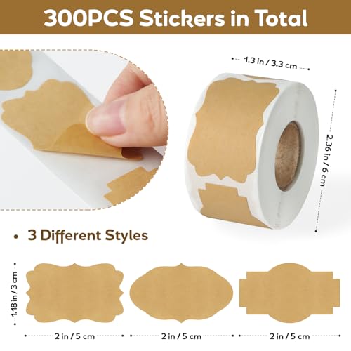 Imeepa 300PCS Kraft Brown Labels 2x1.2 Inch - Blank Self-Adhesive Stickers for Mason Jars, Bottles, Gift Wrapping, Food Storage & Crafts (Writable, Vintage Style, 3 Designs) - Image 2