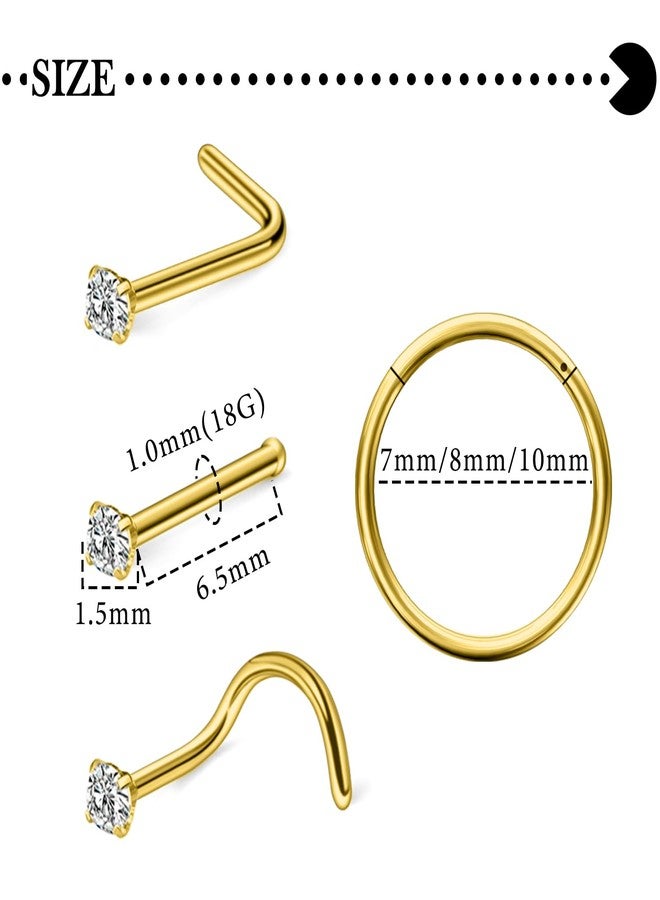 Hoeudjo Nose Rings Surgical Steel Cubic Zirconia Nose Studs Kit for Women Men Tiny Nose Stud Screw & Bone & L Shaped Nostril Rings Piercing Jewelry 1.5mm CZ 18 Gauge 12 Pieces Gold-tone - Image 2
