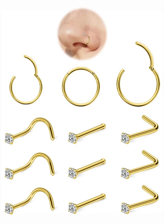 Hoeudjo Nose Rings Surgical Steel Cubic Zirconia Nose Studs Kit for Women Men Tiny Nose Stud Screw & Bone & L Shaped Nostril Rings Piercing Jewelry 1.5mm CZ 18 Gauge 12 Pieces Gold-tone - Image 1