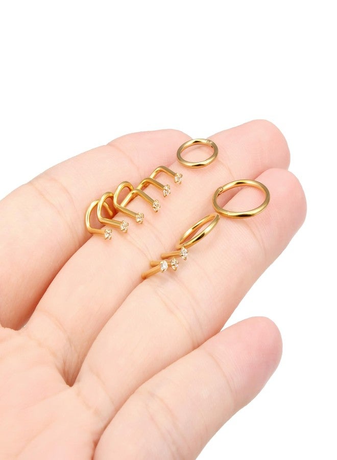 Hoeudjo Nose Rings Surgical Steel Cubic Zirconia Nose Studs Kit for Women Men Tiny Nose Stud Screw & Bone & L Shaped Nostril Rings Piercing Jewelry 1.5mm CZ 18 Gauge 12 Pieces Gold-tone - Image 4