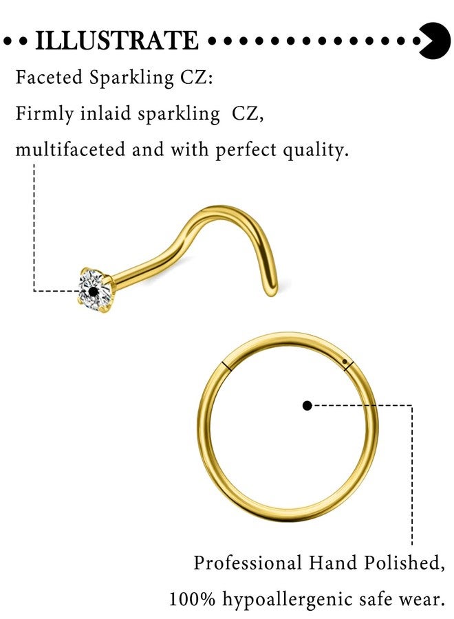 Hoeudjo Nose Rings Surgical Steel Cubic Zirconia Nose Studs Kit for Women Men Tiny Nose Stud Screw & Bone & L Shaped Nostril Rings Piercing Jewelry 1.5mm CZ 18 Gauge 12 Pieces Gold-tone - Image 3