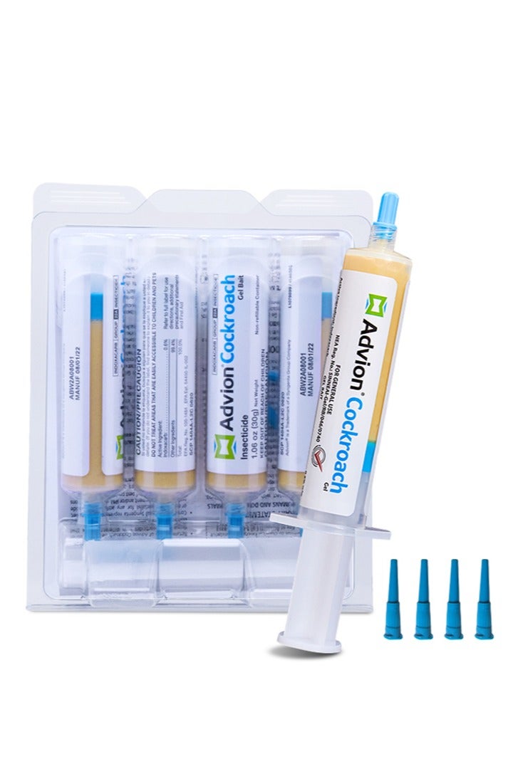 Advion Cockroach Gel Bait, 4*30g, 1 Plunger and 4 Tips, Indoor and Outdoor Use,Safer for home use