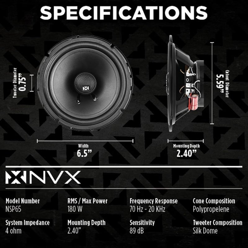 NVX NSP65 6.5" Car Speakers, 540W Max, 180W RMS, 2-Way Coaxial w/Silk Dome Tweeters & Built-in X-Overs, Easy to Install in Cars/Trucks/Doors (Pair) - Image 3