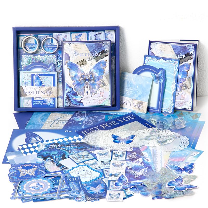 WEMOL WEMOL Vintage Journal Scrapbook Pack Kit for Art Journaling Bullet Planners DIY Paper Stickers Craft Kits Notebook Collage Album Aesthetic Sticker Blue Butterfly 