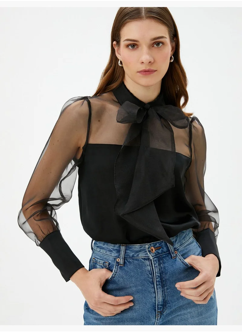 KOTON Sheer Shawl Neck Long Sleeve Shirt