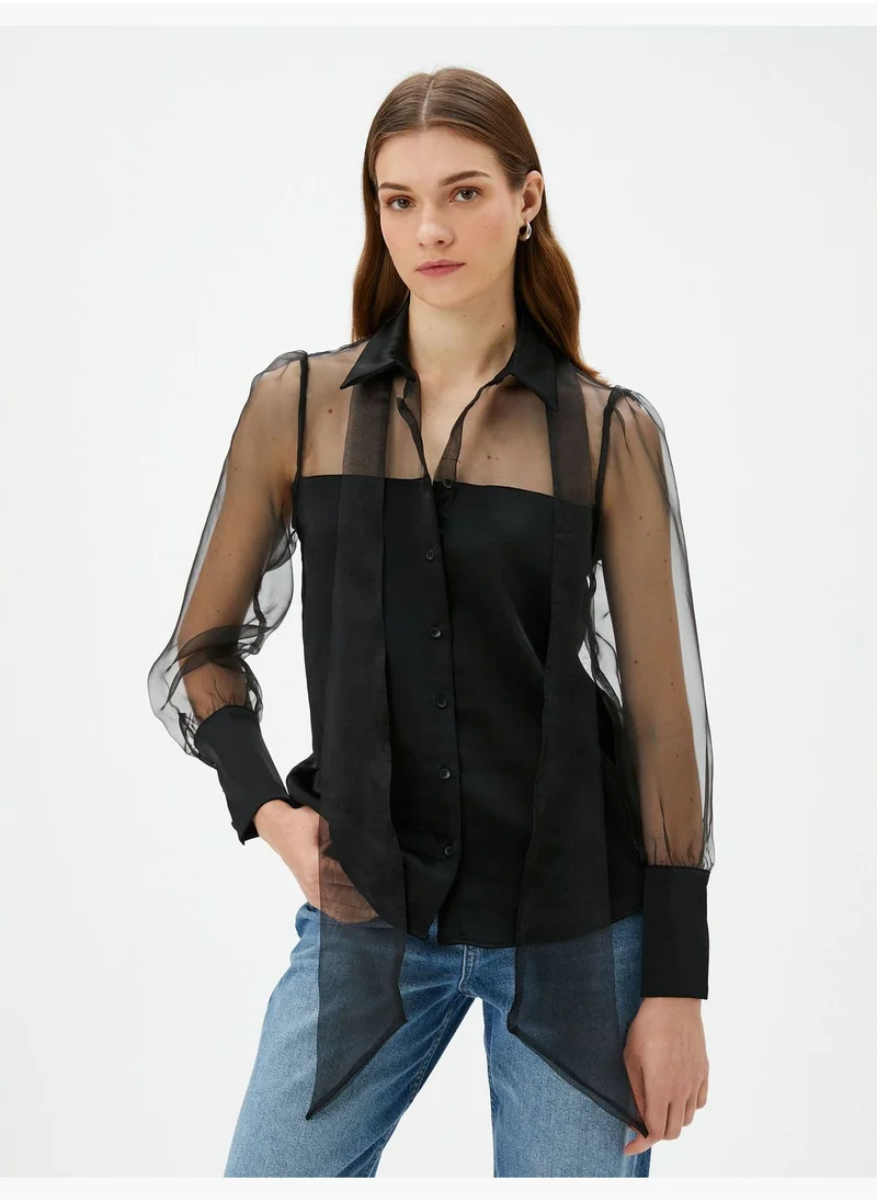 كوتون Sheer Shawl Neck Long Sleeve Shirt